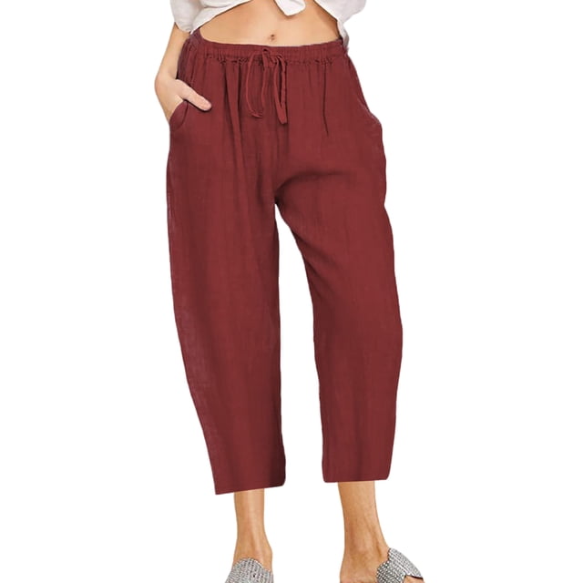 Innerwin Pantalon Capri à Cordon pour Femme Pantalon d'Été Jambe Droite Ample Bas Rouge Brique L