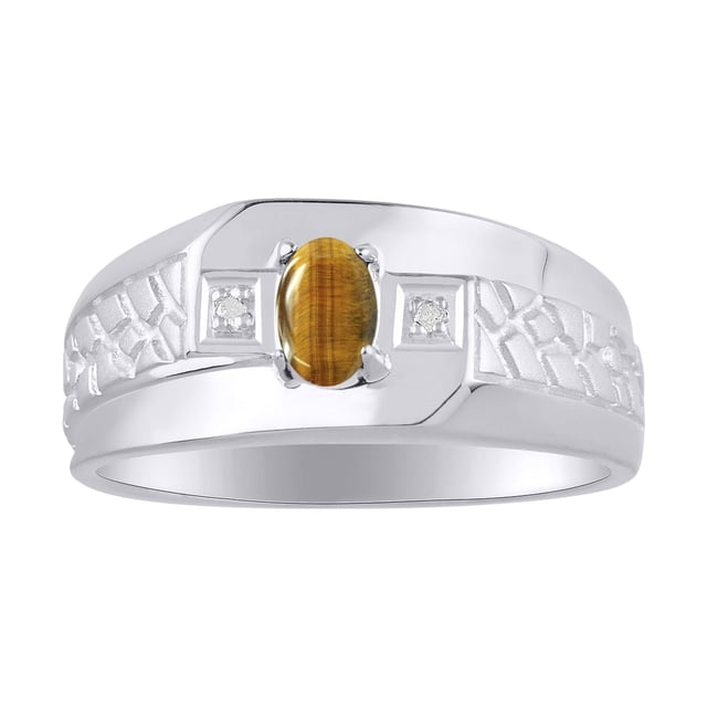 RYLOS Men's Rings 14K White Gold Classic Nugget 6X4MM Oval Gemstone & Diamond Ring Tiger Eye November Birthstone Rings Size 12