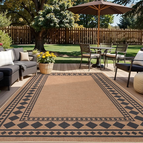 Large Area Rug 2x6 Ft - Washable - Geometric Jute Design - Non Slip - Low Pile Carpet - Indoor Outdoor Floor Rug for Living Room Bedroom Patio - Bordered Style - Black