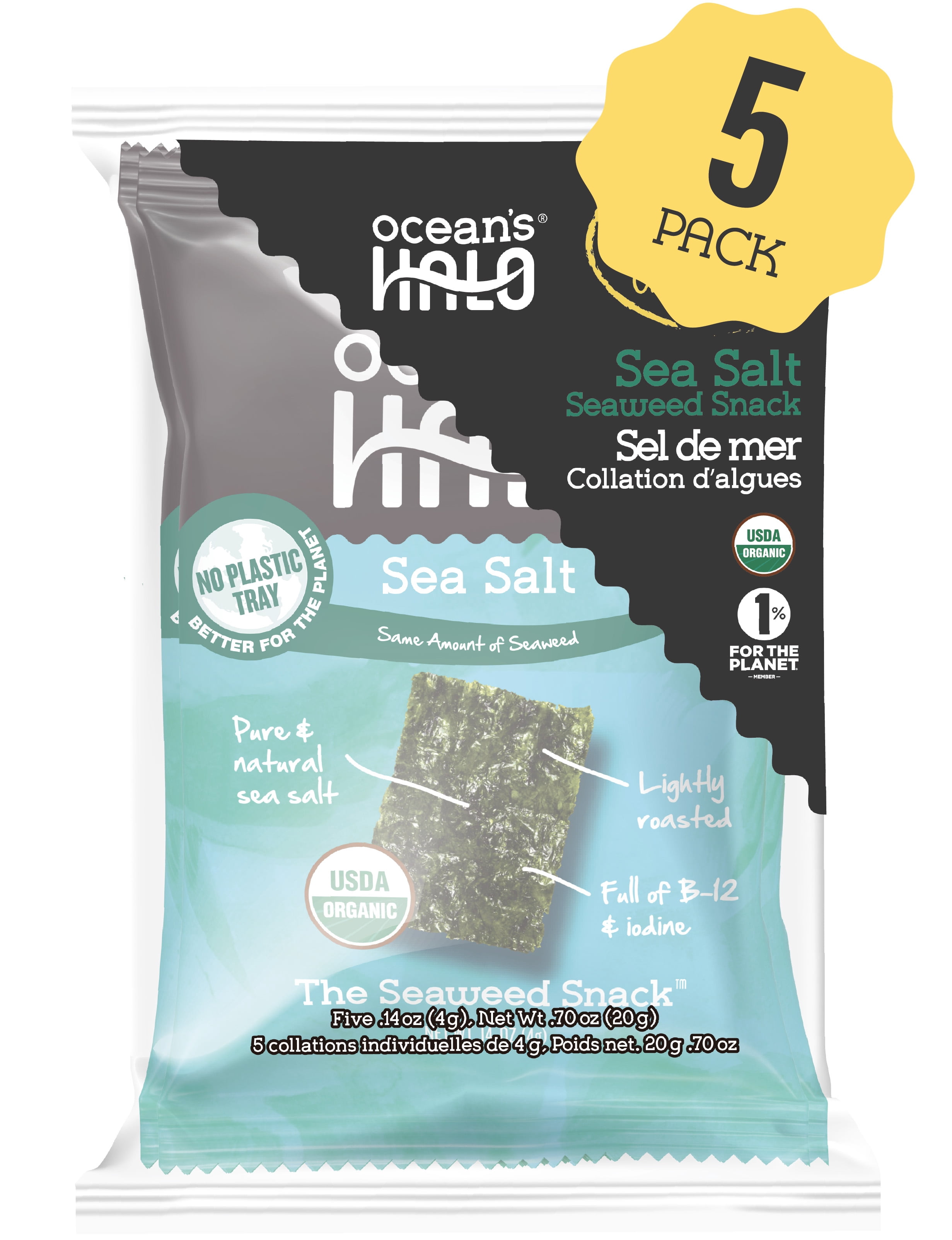 Ocean's Halo collation d'algues à saveur de sel de mer, biologique, snack de nori croustillant, 5 collations individuelles de 4g.