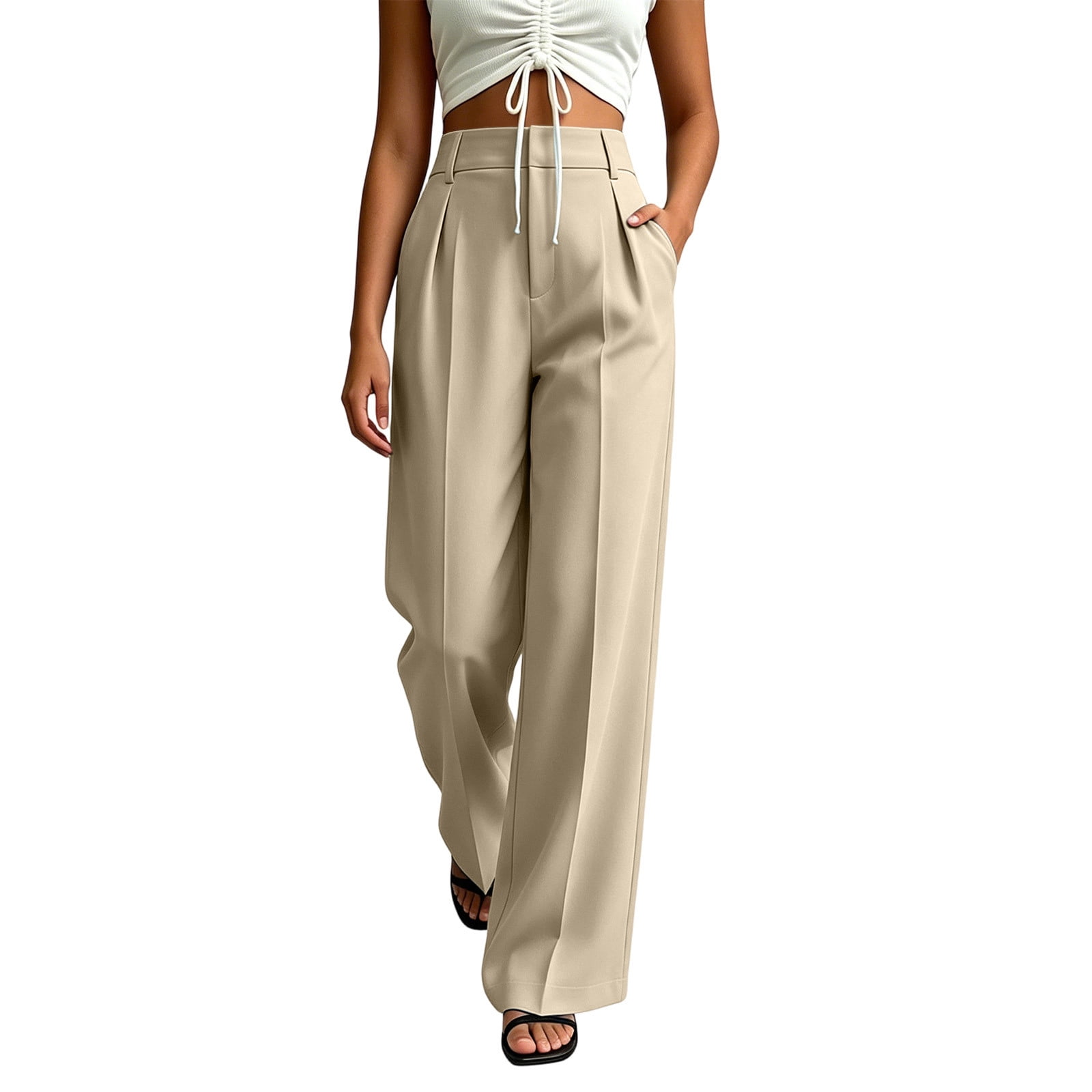 high waisted dress trousers Beige Women's Wide Leg Pants – High Waisted Beige Work Trousers, Casual Dressy Slacks For Office & Everyday 1920's mens high waisted trousers
