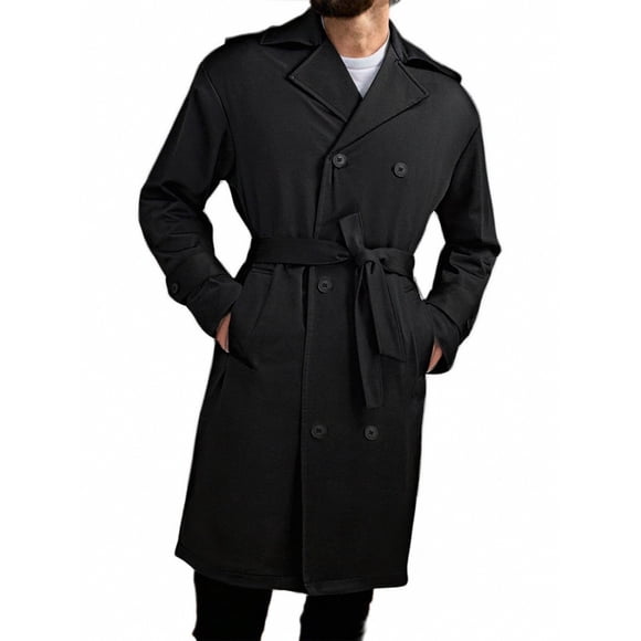 Lovzfmll Men's Trench Coat for Men Double Breasted Notched Lapel Mid-Length Black, 2XL
