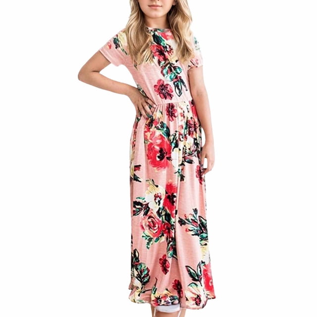 FhsagQ Robe pour Filles Robe à Manches Courtes à Imprimé Floral Ample Décontractée Longue Maxi avec Poches Fête Pâques Robes pour Filles 5-6 Robes pour Filles 10-12 Décontracté 5-6 Ans