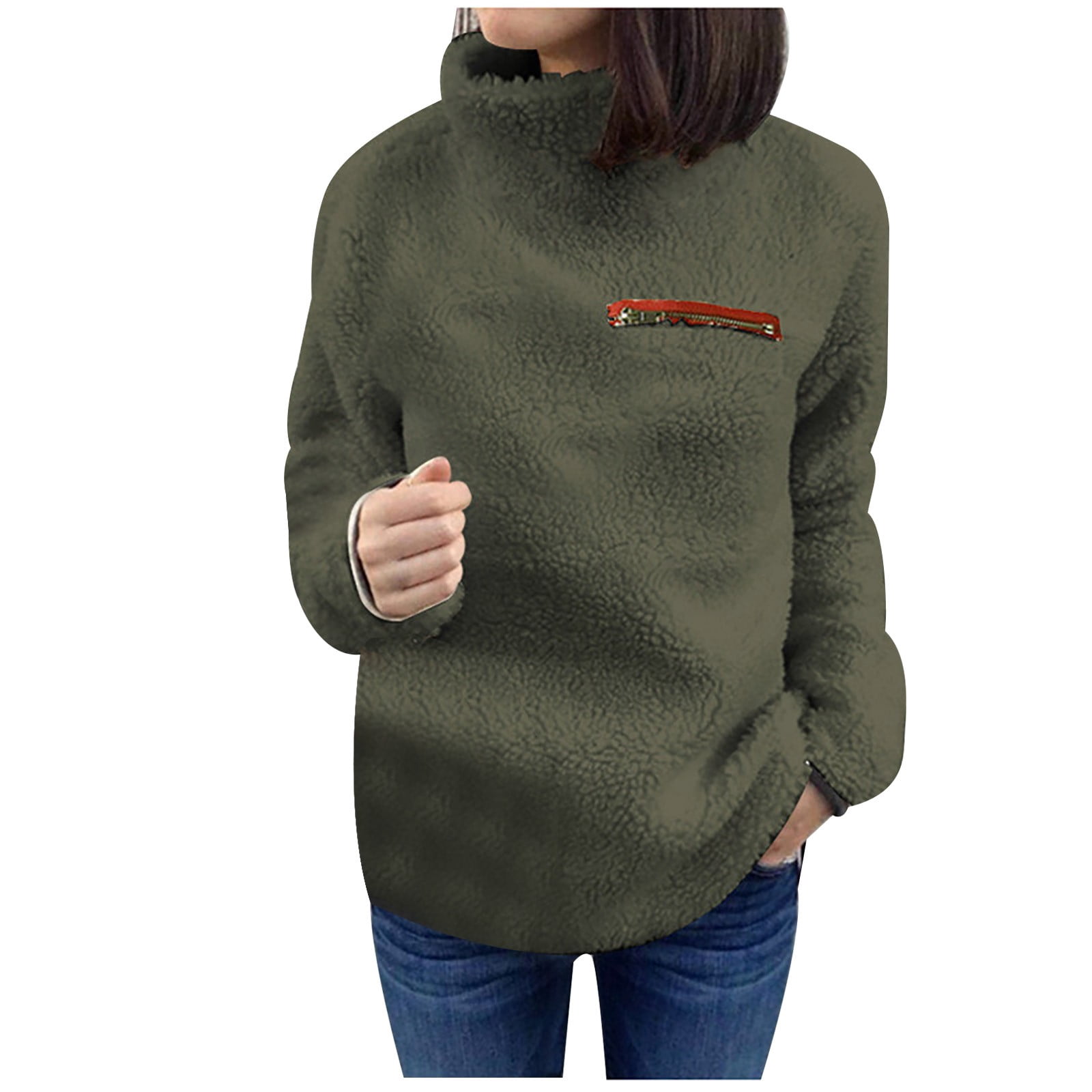 Women Solid Color Zippers Turtleneck Sweatshirt Pullover Tops Warm Blouse Winter
