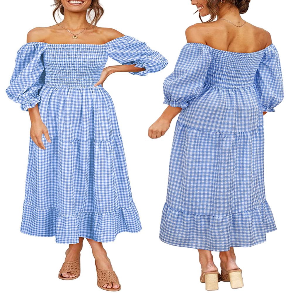 Women‘s Boho Flowy Dress Puff Sleeve Off The Shoulder Plaid Ruffle Midi Dress Wedding Guest Dresses
