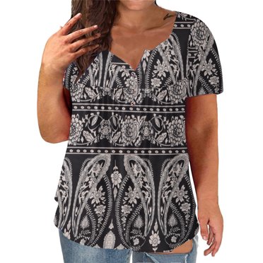 Mikilon Femmes Grande Taille T-Shirt à Manches Courtes à Boutons Imprimé Fleurs Col en V Blouse