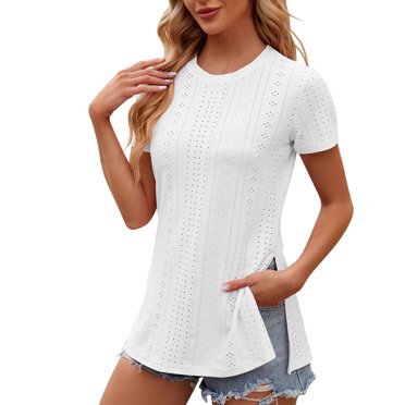 Meichang Hauts Brodés à Oeillets pour Femmes avec Ourlet Fendu sur le Côté, Col Rond, Manches Courtes, T-Shirts Unis Coupe Ample, T-Shirts d'Été Décontractés, Hauts Confortables pour Sorties, T-Shirts Blancs TG