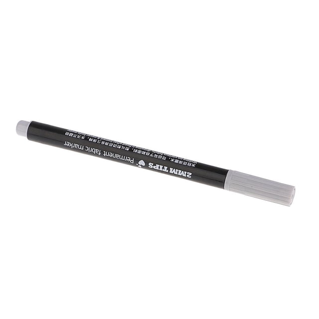 2mm Fabric Textile Marker Pen in grey with a permanent dye tip, designed for marking on fabric, paper, leather, T-shirts, shoes, and other surfaces. The pen measures approximately 14.8 cm (5.82 inches) in length and features a 2mm tip for precise application. Popular for DIY designs and craft projects, the marks are permanent after drying, ironing, and washing. The pen has a black body with white text and a grey cap.