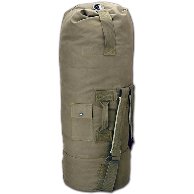 Nouvelle Sortie Mondiale de Sac de Sport Militaire - Olive de Forme Cylindrique en Tissu de Canard en Coton mil-spec Couleur Olive. Comprend Deux Bretelles Ajustables, une Pochette d'Accessoires à Fermeture à Pression Extérieure, et un Lourd clip à Pression avec Anneau à Cadenas. Convient comme Sac de Sport et de gym durable, Souvent Utilisé pour le Rangement d'Équipement Extérieur.