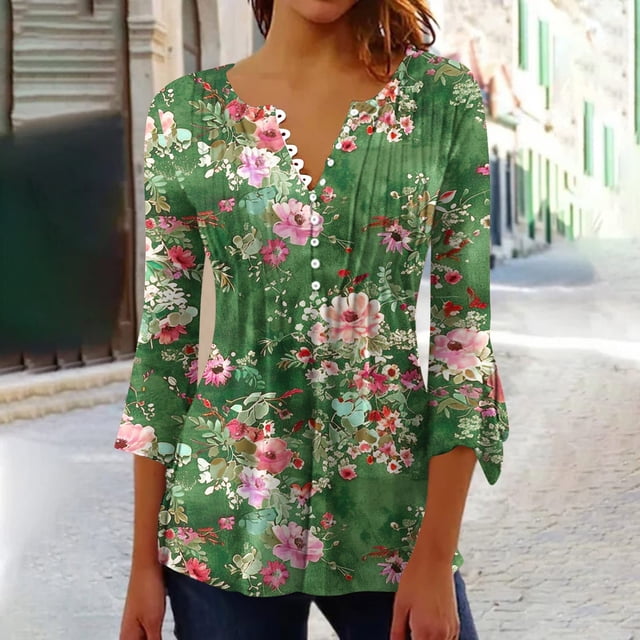 Blouses pour Femmes, T-shirt Imprimé Mode Manches 3/4 Blouse Col en V Hauts Décontractés