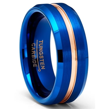 Mens Tungsten Carbide Ring Wedding Band Grooved Ring Blue Rosegold-tone 8MM Comfort-Fit