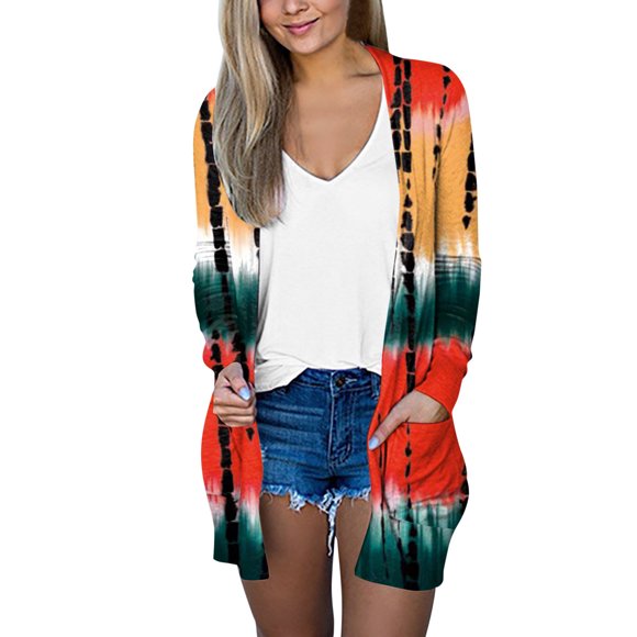 Cardigan pour Femmes Mode Cardigan d'Été à Manches Longues pour Femmes Gilet de Sauvetage Doux pour Adultes Impression Teinture sur Nœuds Léger Manteau Tendance avec Poche (Multicolore, P)