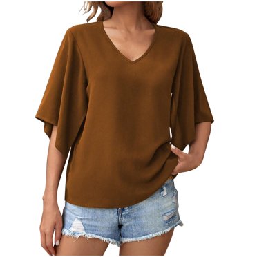 fheaev Hauts d'Été pour Femmes Décontractés à Col Rond Manches Chauve-Souris Mi-Longues T-Shirts Couleur Unie Coupe Ample Mignons Basiques Fluides Hauts Tees Blouses