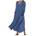 thumbnail image 2 of Robes pour Femmes Mode pour Femmes Manches Longues Couleur Unie Coton Lin Col Rond Robe avec Poches Robe pour Femmes en Liquidation, 2 of 5