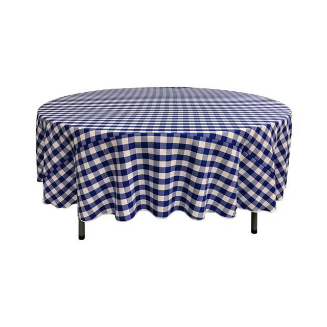 LA Linen Gingham Checkered Tablecloth, 72'' Round, White & Royal Blue, Polyester, Made in USA