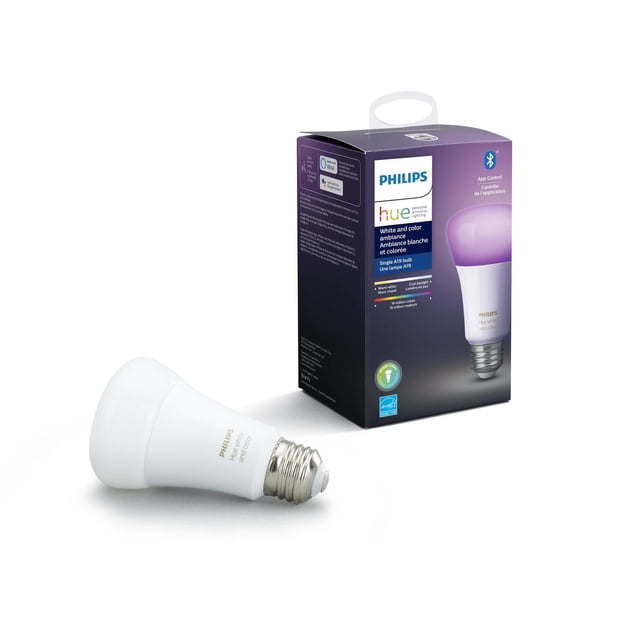 PHILIP Hue White and Colour Ambiance 9.5W A19 Smart LED bulb with white diffuser and silver screw base, shown with its packaging highlighting Bluetooth control and 16 million color options, suitable for specialty light bulbs and smart home lighting.
