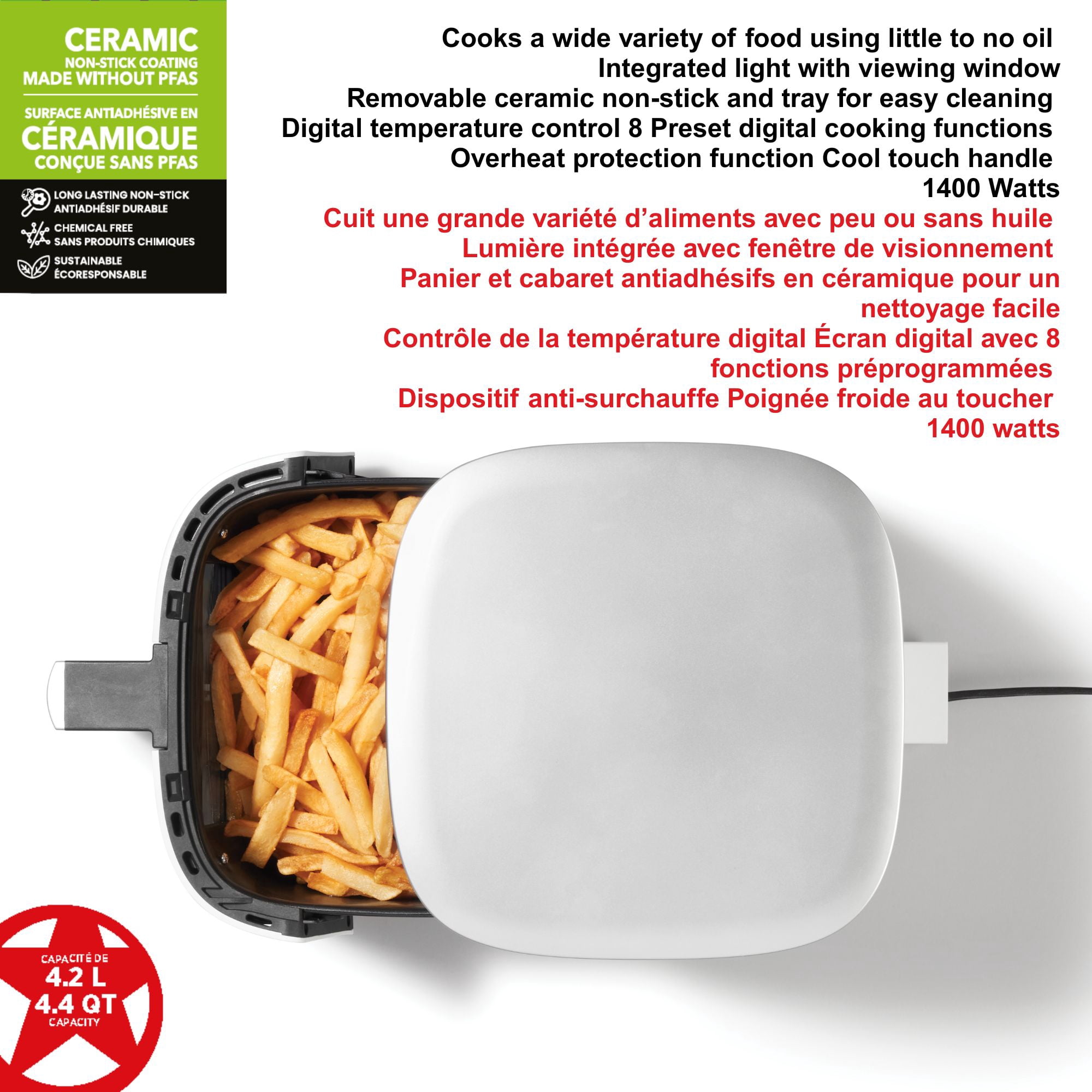 Starfrit Friteuse électrique numérique à air – Capacité de 4,2 L – Surface antiadhésive en céramique – 8 fonctions prédéfinies – Fenêtre de visualisation – 1400 W