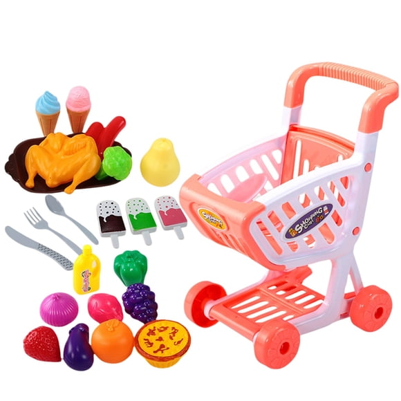 HHBEAUTY Panier d'Achats pour Enfants - Panier d'Achats Jouet 2 en 1 avec Aliments de Jeu Fruits Légumes Crème Glacée et Accessoires de Magasin, Ensemble de Jeu de Cuisine de Jeu de Cuisine pour Enfants 23 Pcs