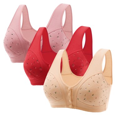 Tumotour 3PC Front Closure Bra for Women Wireless Breathable Printed Snap Closing Bra Full Coverage Seamless Soft Convenient Front Button Bras for Senior Everyday Work Life Walking