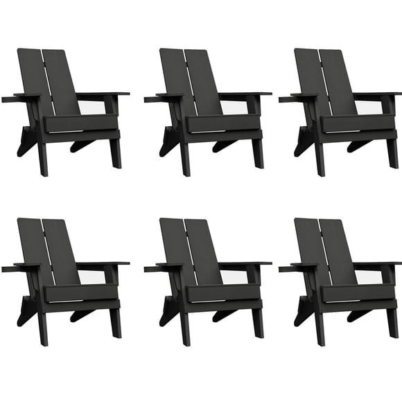 Krikacy Outdoor Adirondack Chair Set of 6, All-Weather HIPS Plastic Chair w/Cup Holder for Patio Poolside, Balck