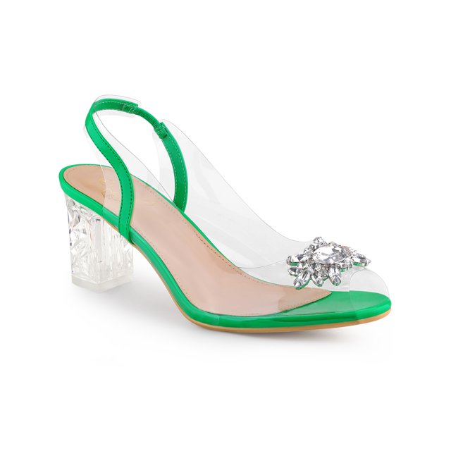 BLISSFUL STEP Women's Clear Slingback Rhinestone Peep Toe Block Heels Sandals Green (Size 9)