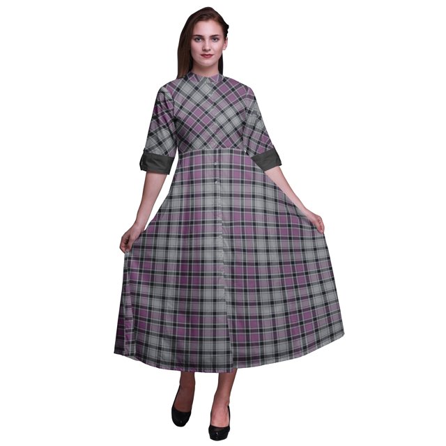 Bimba Robe Chemise à Carreaux Boutonnée Imprimée Col Mandarin Manches Retroussables - XX-Grand