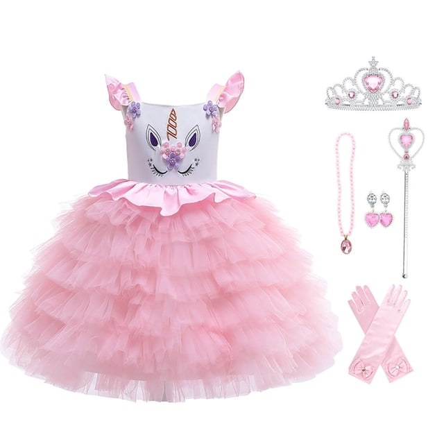 HAWEE Unicorn Robe Costume pour Filles Appliqués de Fleurs Robe de Bal Robes de Princesse Costumes de Fête Élégants Vêtements pour Enfants