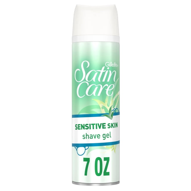 Gillette Venus Satin Care Sensitive Skin Shave Gel in a 7 oz rust-free can with white cap, green gradient label featuring aloe leaf design, formulated for smooth razor glide and protection for sensitive skin during women's shaving.
