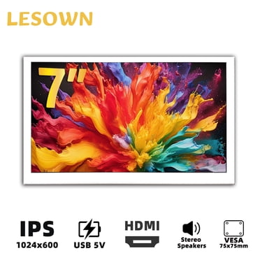LESOWN Moniteur Blanc Petit 7 Pouces HDMI 1024x600 IPS LCD Deuxième Écran avec Haut-Parleurs pour Portable PC Raspberry Pi