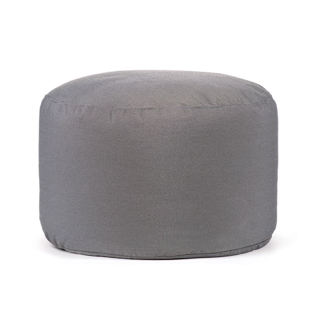 Gouchee Home Soleil Indoor/Outdoor Ottoman in water-repellent charcoal olefin fabric, compact round pouf filled with high-density polystyrene beads, lightweight and durable, suitable as kids' seating or casual footrest in indoor or outdoor spaces.