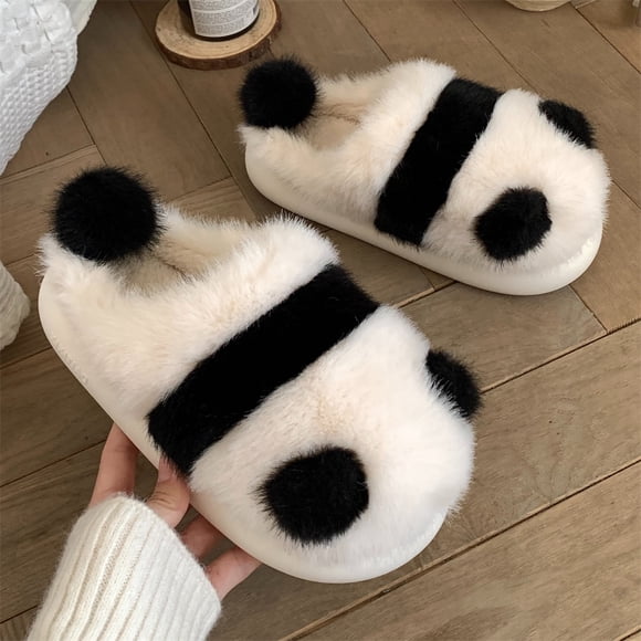 Pantoufles d'Intérieur d'Hiver Panda Femmes Plates Duveteuses Maison Dessin Animé Femmes Chaussures en Coton Femme Mignon Animal Chaudes Antidérapantes Sandales tzw