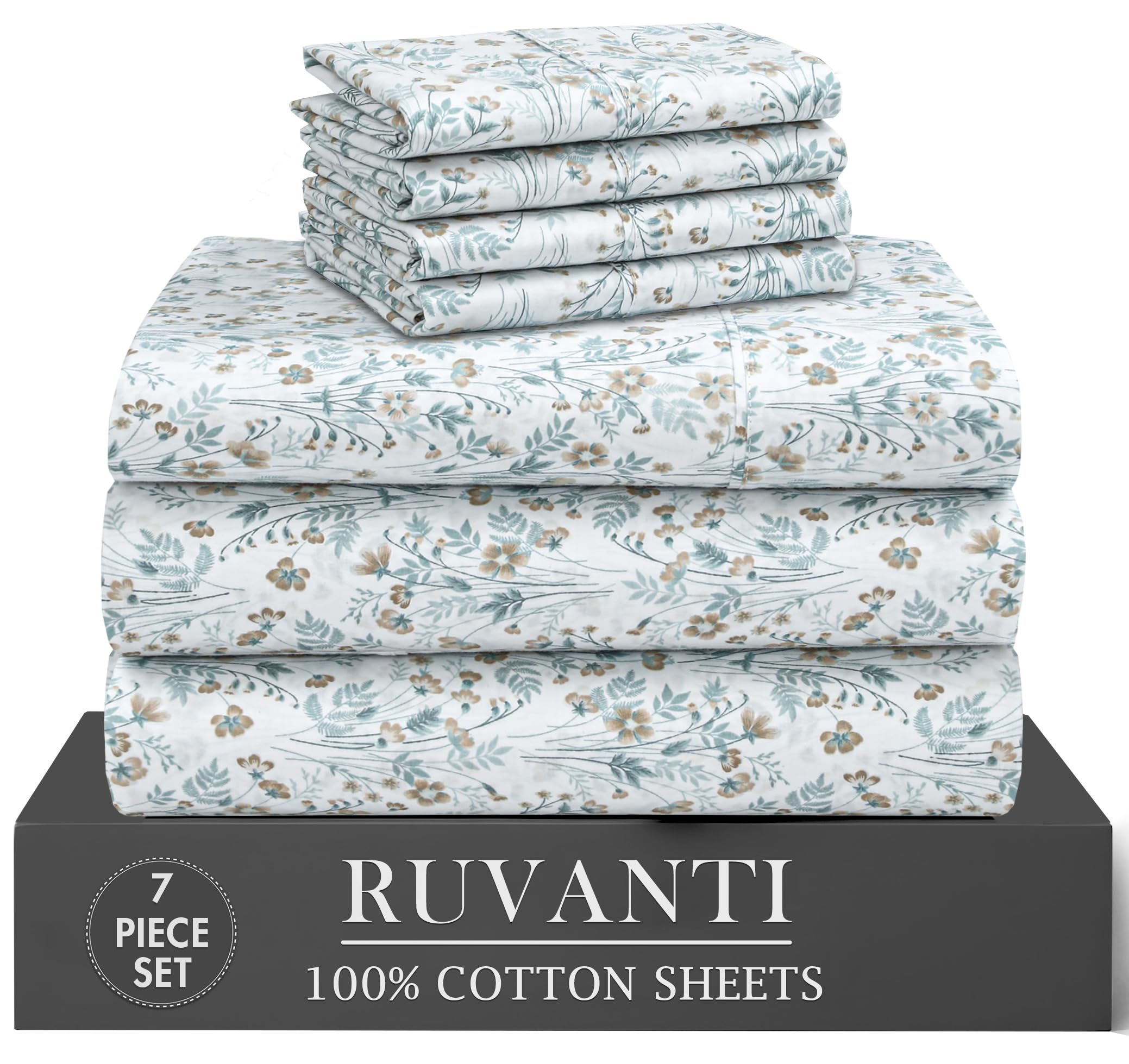 RUVANTI 7 Pcs Cotton Sheets - 100% Natural Cotton Soft, Lightweight & Breathable Crispy Percale Bed Sheets, Split King Sheets for Adjustable Bed 16" Deep Pockets, Fleur & Field