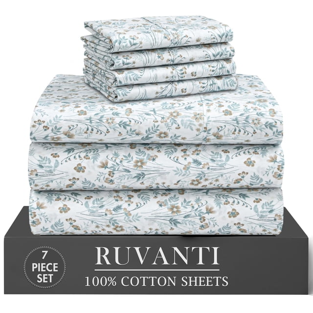 RUVANTI 7 Pcs Cotton Sheets - 100% Natural Cotton Soft, Lightweight & Breathable Crispy Percale Bed Sheets, Split King Sheets for Adjustable Bed 16" Deep Pockets, Fleur & Field