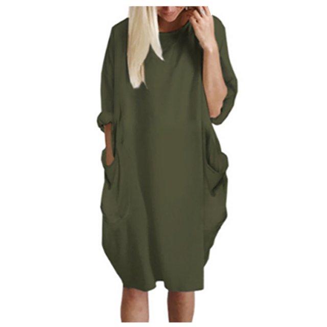 Robe Décontractée pour Femmes, Longueur Genou, Manches Longues, Ample, Tendance, Imprimée, Robe Confortable Coupe Droite, Robe T-Shirt avec Poches
