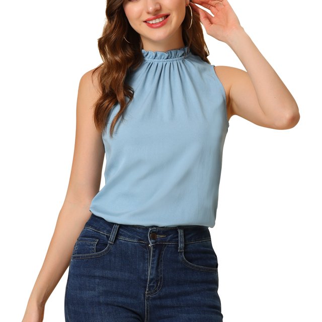 INSPIRE CHIC Women's Mock Neck Ruffle Sleeveless Casual Blouse Tops