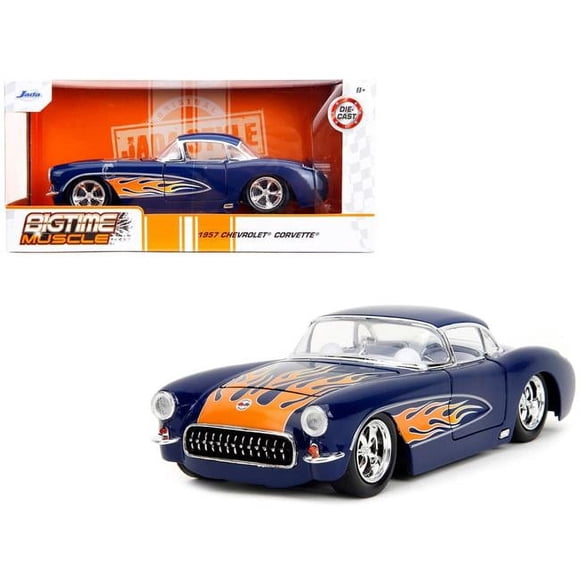 Jada 35031 1957 Chevrolet Corvette with Flame Graphics & Interior Bigtime Muscle Series 1-24 Scale Diecast Model Car, Dark Blue & White