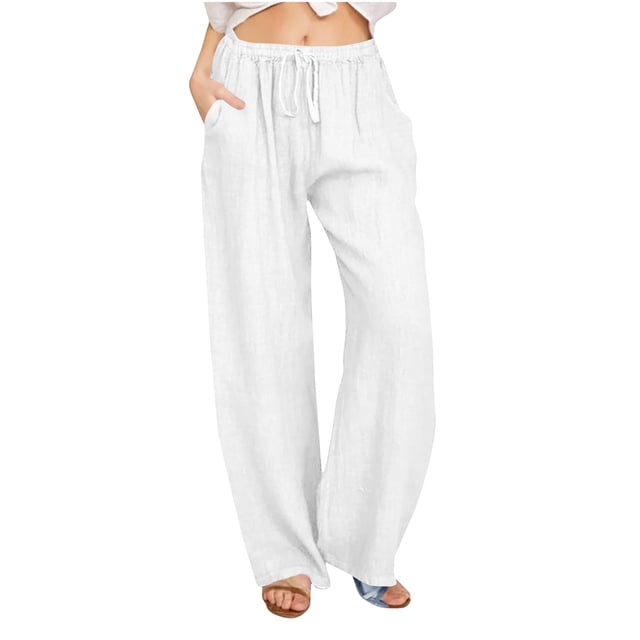 Dealovy Womens Cotton Linen Pants Elastic High Waisted Drawstring Wide Leg Solid Color Summer Lounge Trousers