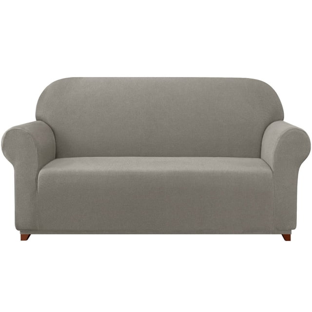 2024 Solid Print Polyester Loveseat Slipcover in chocolate color, featuring a textured grid pattern and stretchable material for a snug fit. This sofa protector shields furniture from spills, stains, and wear, while being soft, breathable, and durable. Fits loveseats 57-70 inches wide, with built-in elastic corners for secure placement. Perfect for home decor, especially in spaces with children or pets, and easy to clean with machine washing.