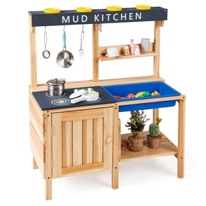 Costway Cuisine pour enfants Playset en bois extérieur Mud cuisine Pretend Jouet W/ Ustensiles de cuisine
