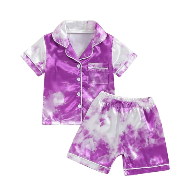 sertiohcv Kids Girls Pajamas Set Childrens Comfortable Breathable Short Sleeved Home Clothes Cute Cartoon Pattern Pajama Set Purple Size for 5-6 Years