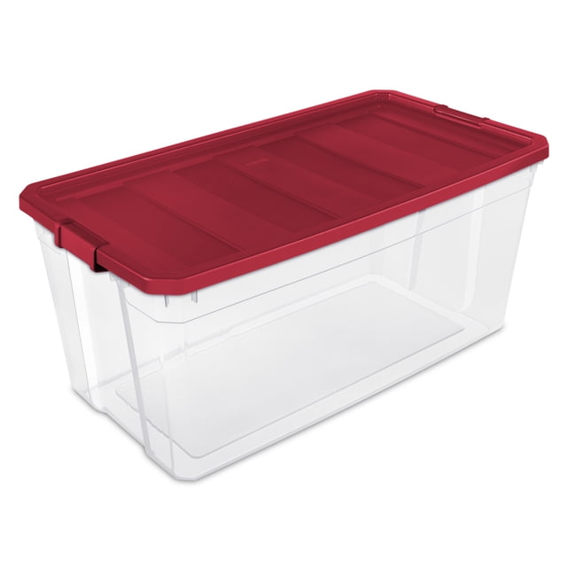 Sterilite 189 L Stacker Box storage container with a clear rectangular base and red lid secured by robust latches, designed for storing large holiday or seasonal décor, featuring a stackable recessed lid to maximize storage space.