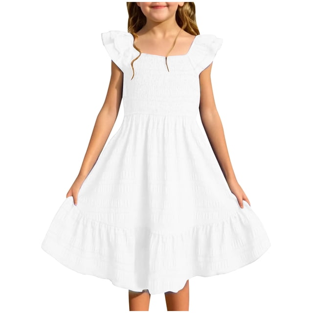 FFENYAN Robe d'Été pour Filles Couleur Unie Col Carré Sans Manches à Volants Robe Mini Parfaite pour Fêtes Rendez-Vous et Usage Quotidien pour 3-13 Ans