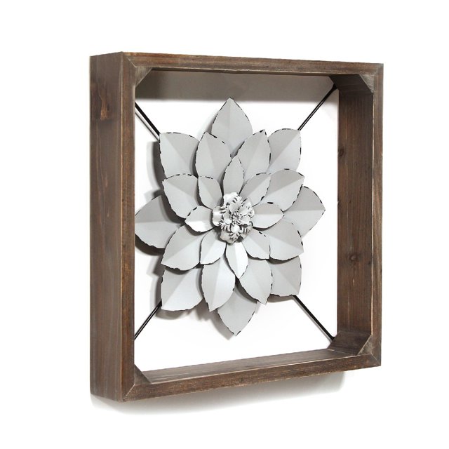 Stratton Home Decor Décoration Murale Fleur en Métal Encadrée, Gris