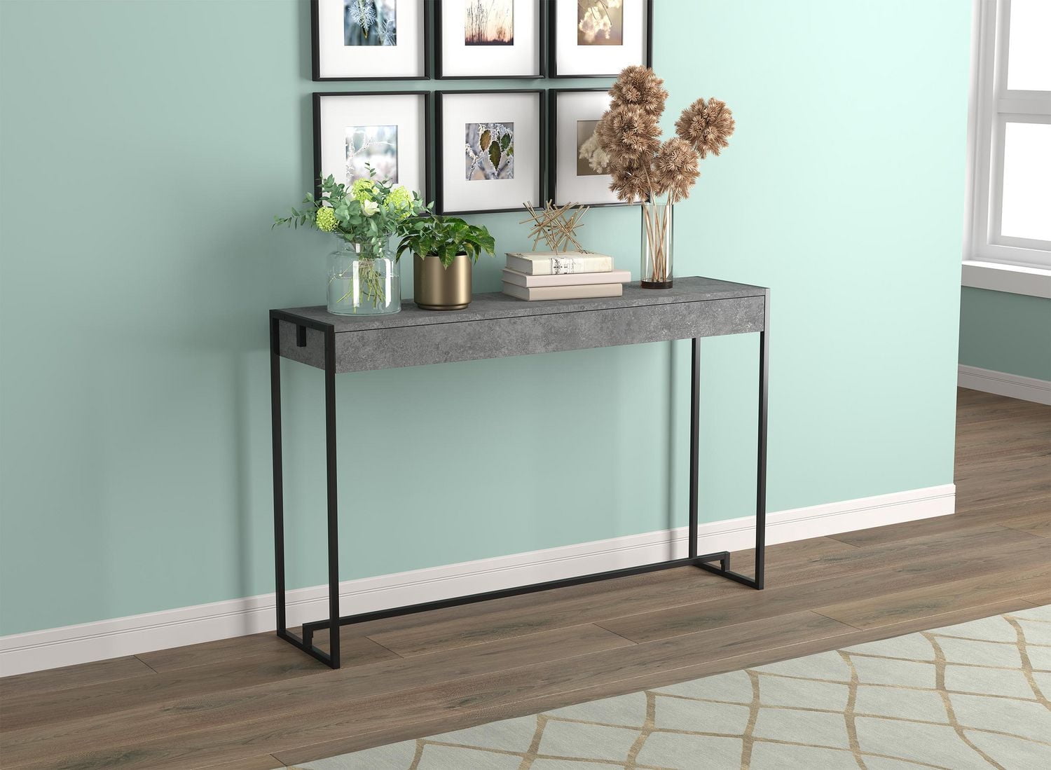 Safdie & Co. Table Console 47L Ciment Foncé Metal Noir