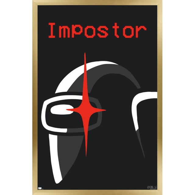 Among Us - Affiche Murale d'Un Imposteur, 22,375 Pouces x 34 Pouces Affiche un Gros Plan Centré d'Un Casque de Coéquipier Noir avec Bordure Blanche et un Éclat en Forme d'Étoile Rouge sur la Visière, avec « Imposteur » en Texte Rouge Pixélisé au-Dessus sur un Fond Noir. Cette Oeuvre Murale Brillante Convient aux Chambres, Bureaux Ou Dortoirs et Comprend des Supports Adhésifs pour une Suspension Facile Sans Dommages au Mur.