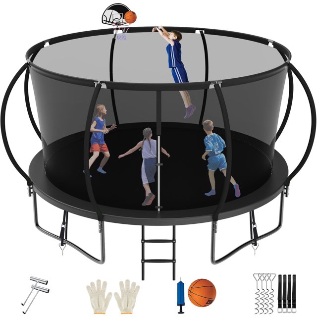 Jump Into Fun Trampoline 14FT, Trampoline for Kids and Adults with Enclosure, Basketball Hoop, Wind Stakes and Ladder, 1400LBS Capacity for 6-7 Kids, Outdoor Galvanized Full Spray Round Trampoline
