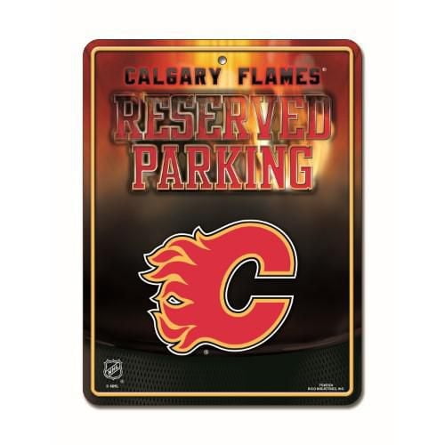 GTEI LNH Calgary Flames Panneau de Stationnement, Panneau Mural en Métal Gaufré de 8,5 par 11 Pouces avec Texte « Stationnement Réservé » et logo « C » Flamboyant Calgary Flames sur Fond Dégradé Noir et Rouge. sous Licence Officielle avec un Trou Pré-Percé pour une Suspension Facile, Idéal pour la Déco Murale de la Maison Ou du Bureau pour Afficher la Fidélité de l'Équipe.