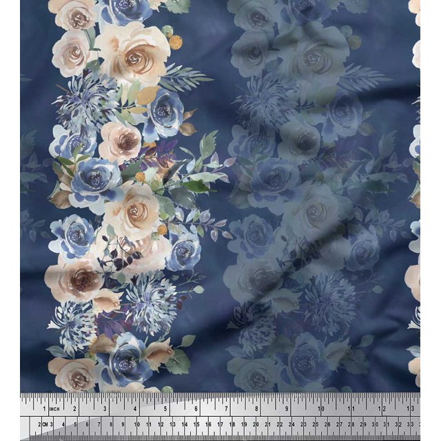 Soimoi Voile de Coton Bleu Tissu Imprimé Floral Grandiflora Roses au Mètre 42 Pouces de Large