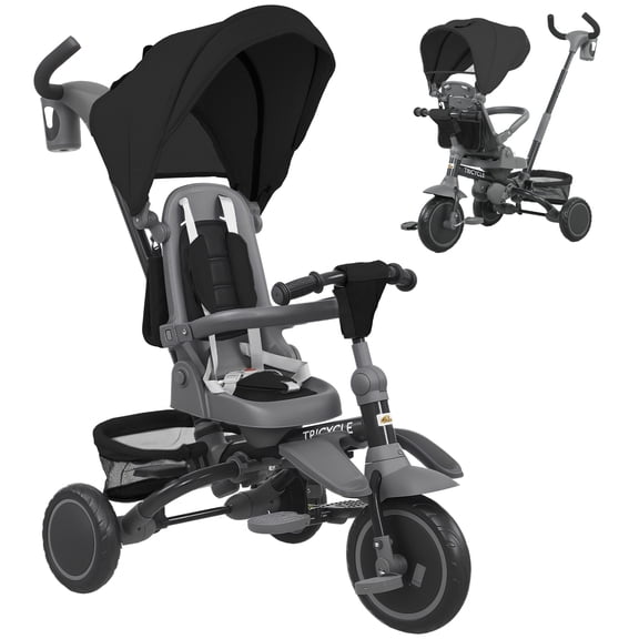 Qaba Tricycle 6 en 1 pour Tout-Petits de 1 à 5 Ans avec Poignée de Poussée, Noir