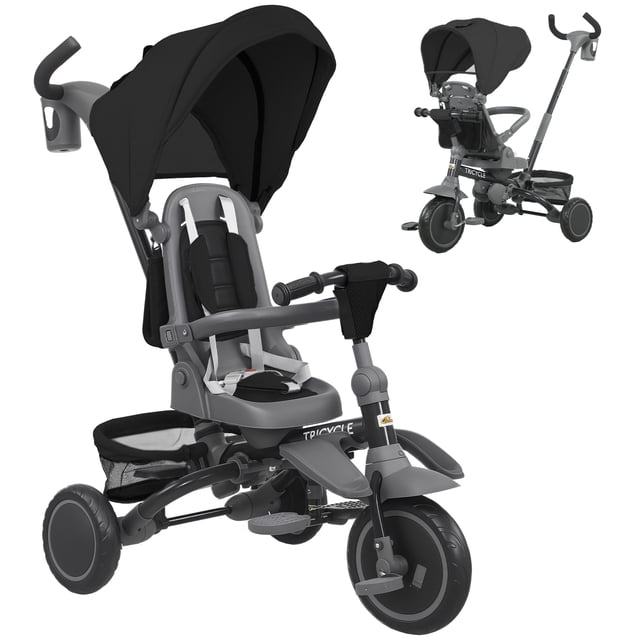 Qaba 6 in 1 Toddler Tricycle for 1-5 Years Old with Push Handle, Black. A versatile kids' tricycle featuring a rotating seat for face-to-face bonding, adjustable push handle, and five-point harness for safety. Includes a canopy, rear storage basket, parent bag, and cupholder for convenience. Compact folding design ideal for travel and storage.